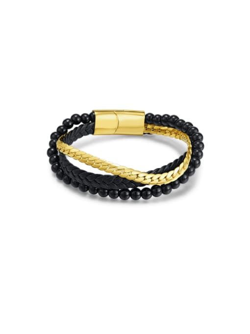 [1544] Bracelet Gold Titanium Steel Artificial Leather Weave Hip Hop Strand Bracelet